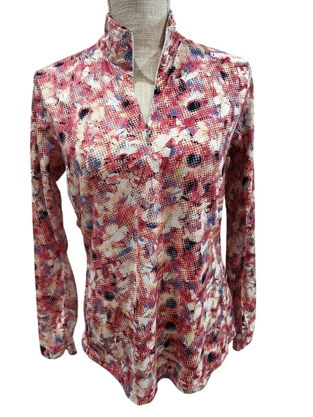 EP New York Bold Floral Pattern Long-Sleeve Zip-Up Blouse Womens M